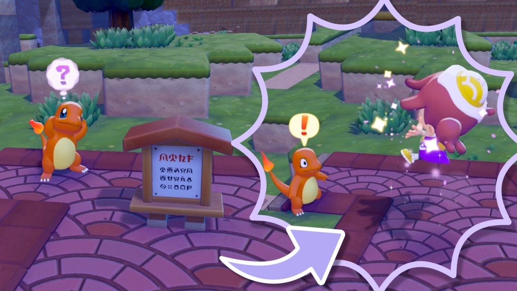 Capture officielle de Pokémon Pokopia montrant un Pokémon près d’un panneau, puis surpris par Pitrouille pendant l’événement.
