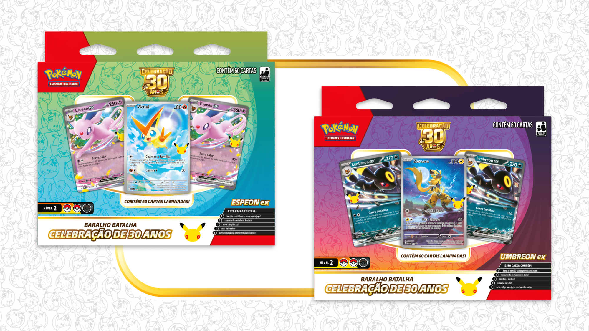 Baralhos Batalha de Celebração de 30 Anos, um com Espeon ex e outro com Umbreon ex