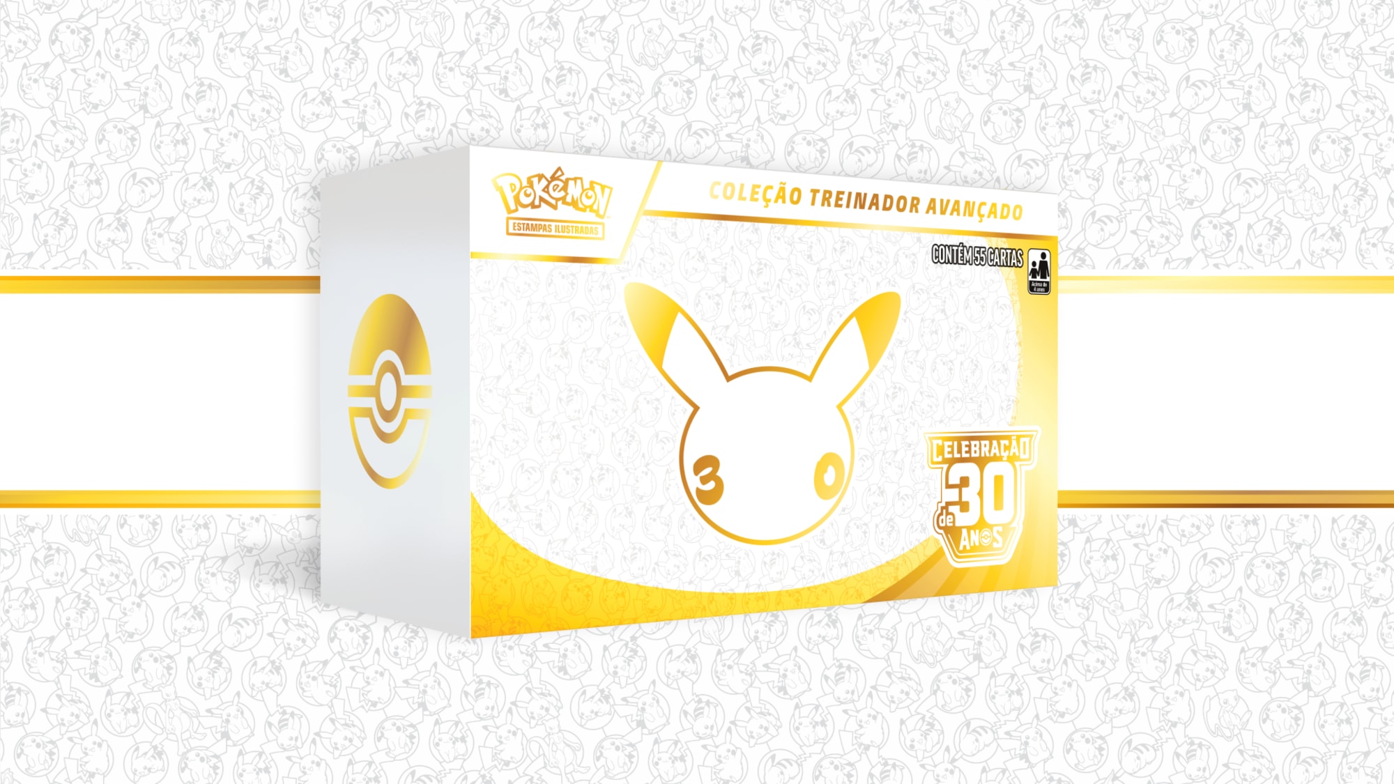 Caixa da Coleção Treinador Avançado de Celebração de 30 Anos, branca e dourada com a silhueta do Pikachu