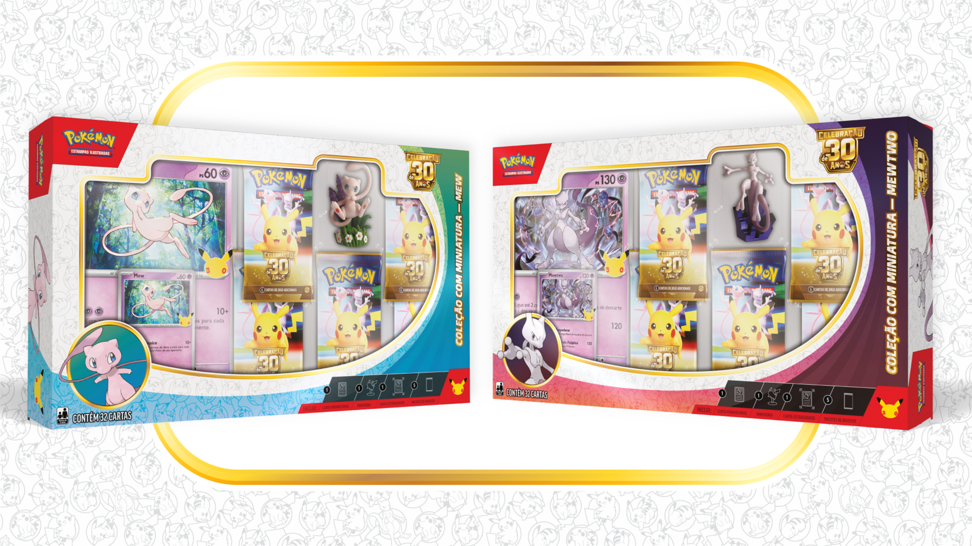 Coleção com Miniatura de Celebração de 30 Anos, com as figuras de Mew e Mewtwo