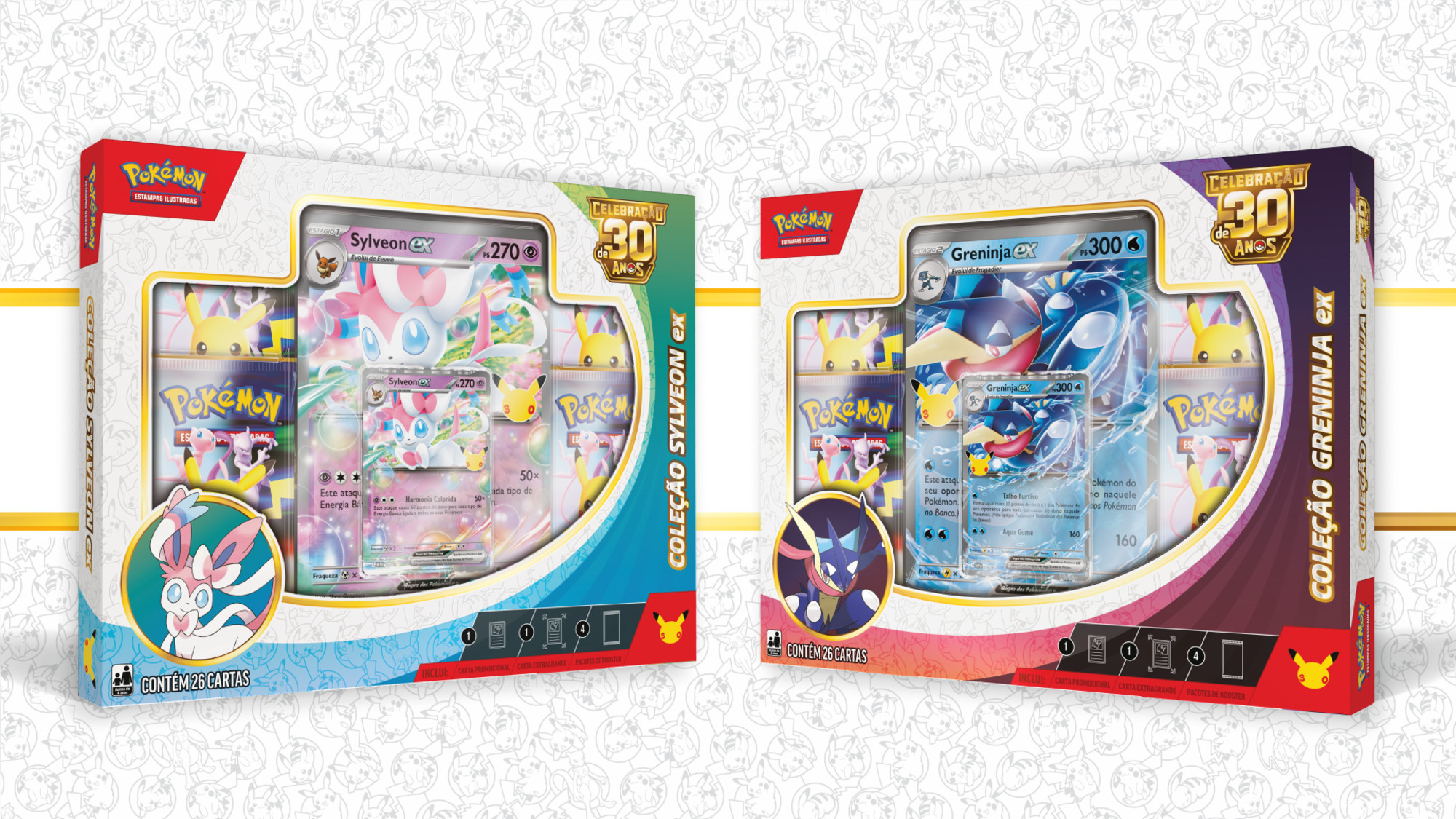 Caixas da Coleção Pokémon ex de Celebração de 30 Anos, nas versões Sylveon ex e Greninja ex