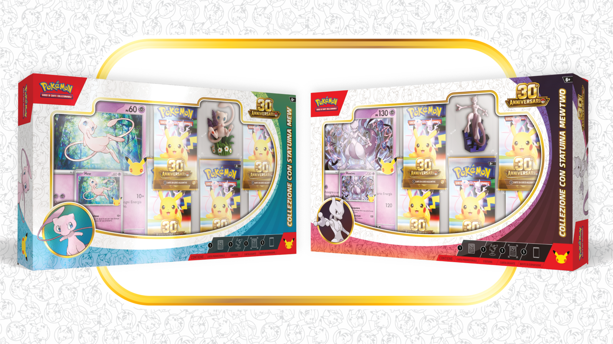 Collezione con statuina Mew e collezione con statuina Mewtwo dell’espansione 30° Anniversario del GCC Pokémon