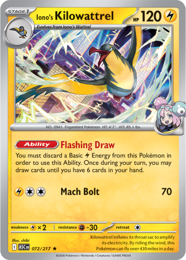 Carte anglaise Iono’s Kilowattrel, exemple montré dans le visuel Battle Box de l’annonce Pokémon