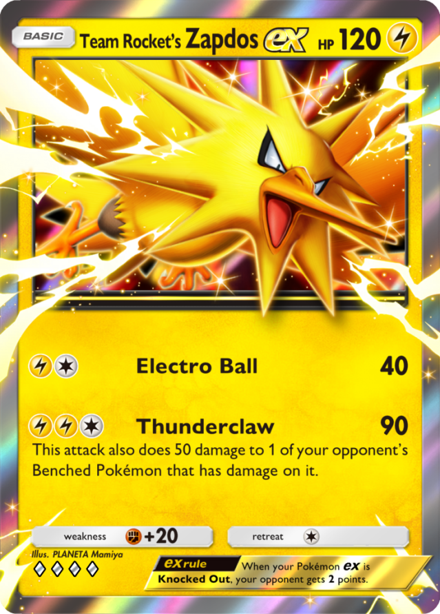 Team Rocket's Zapdos ex card from the Team Rocket's Ambition expansion, 120 HP with Electro Ball and Thunderclaw