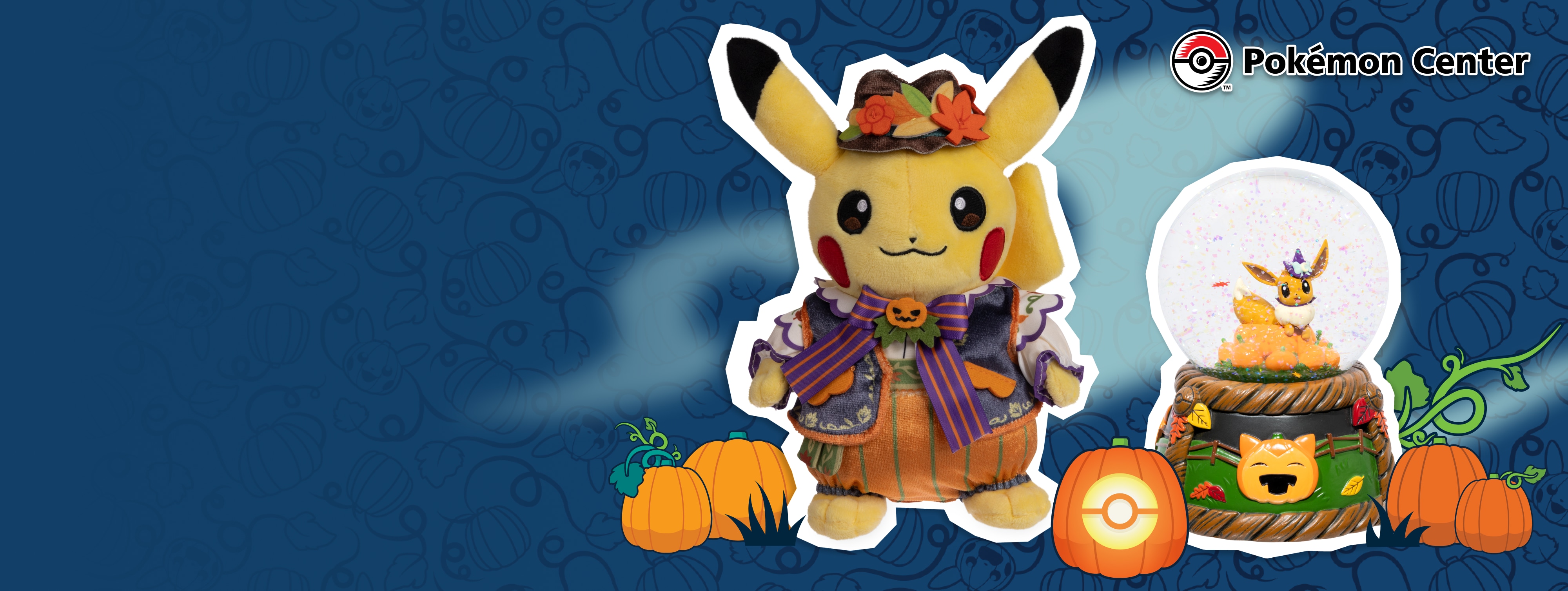 Illustration officielle Pokémon Center : peluche Pikachu et boule à neige Évoli, exemple d’objets dérivés, sans lien avec le contenu garanti de la box Otakuland.