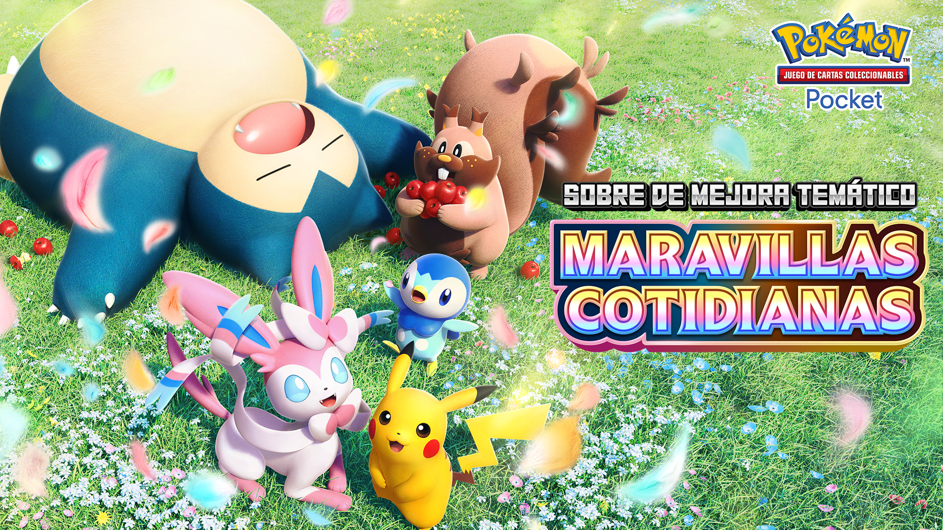 Arte oficial de Maravillas Cotidianas de JCC Pokemon Pocket con Pikachu, Piplup, Snorlax, Greedent y Sylveon
