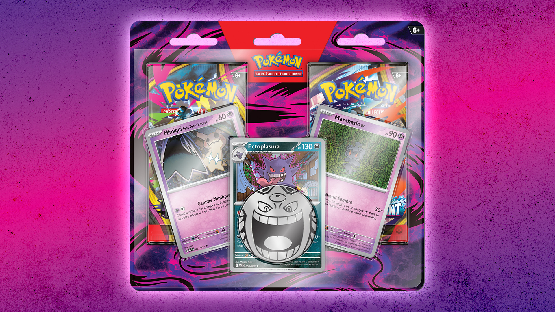 Blister amélioré français de deux boosters du JCC Pokémon, avec les cartes brillantes d’Ectoplasma, Marshadow et Mimiqui de la Team Rocket