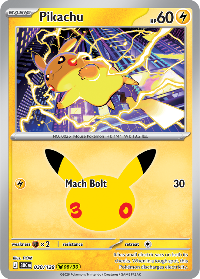 Pikachu 08/30 from Pokémon TCG 30th Celebration, card 030/128