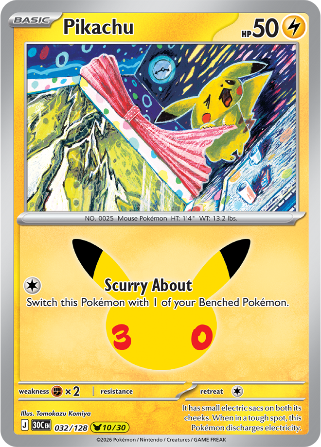 Pikachu 10/30 from Pokémon TCG 30th Celebration, card 032/128