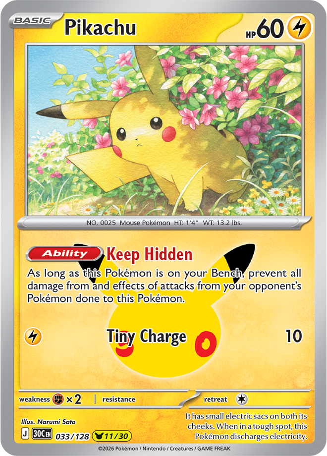 Pikachu 11/30 from Pokémon TCG 30th Celebration, card 033/128