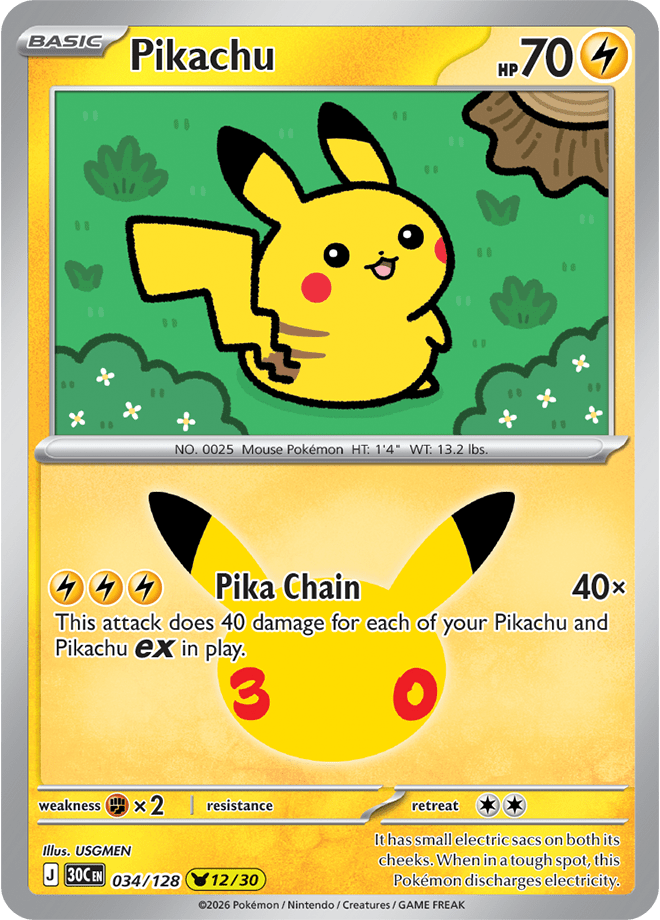 Pikachu 12/30 from Pokémon TCG 30th Celebration, card 034/128