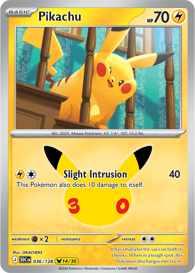 Pikachu 14/30 from Pokémon TCG 30th Celebration, card 036/128