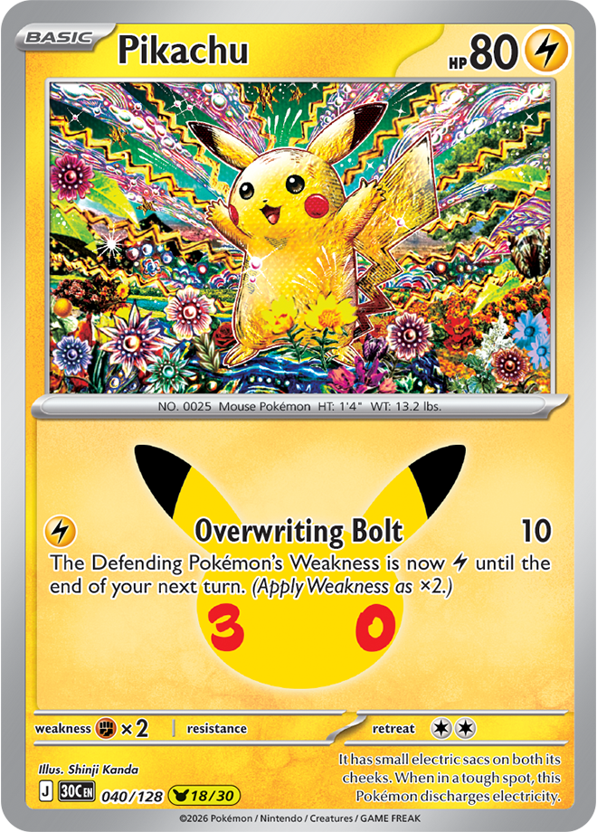Pikachu 18/30 from Pokémon TCG 30th Celebration, card 040/128