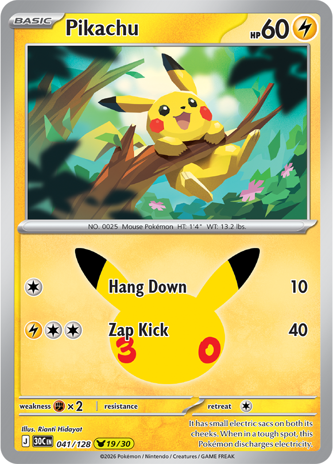 Pikachu 19/30 from Pokémon TCG 30th Celebration, card 041/128