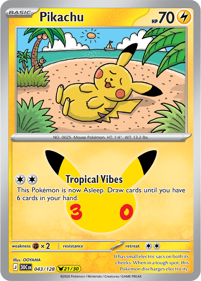 Pikachu 21/30 from Pokémon TCG 30th Celebration, card 043/128