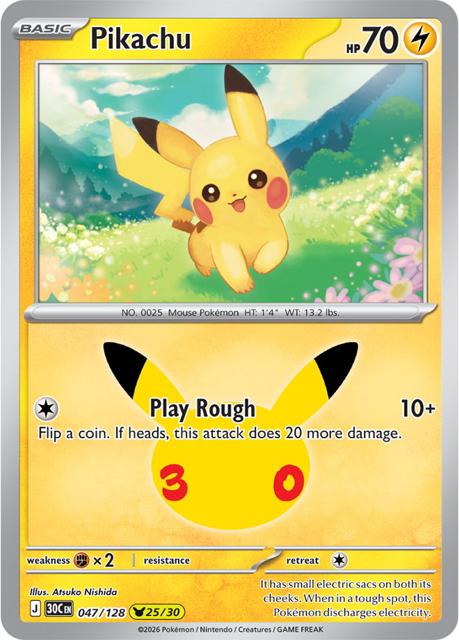 Pikachu 25/30 from Pokémon TCG 30th Celebration, card 047/128