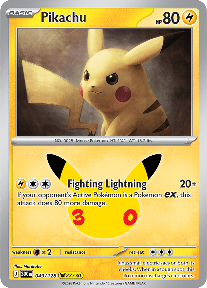 Pikachu 27/30 from Pokémon TCG 30th Celebration, card 049/128