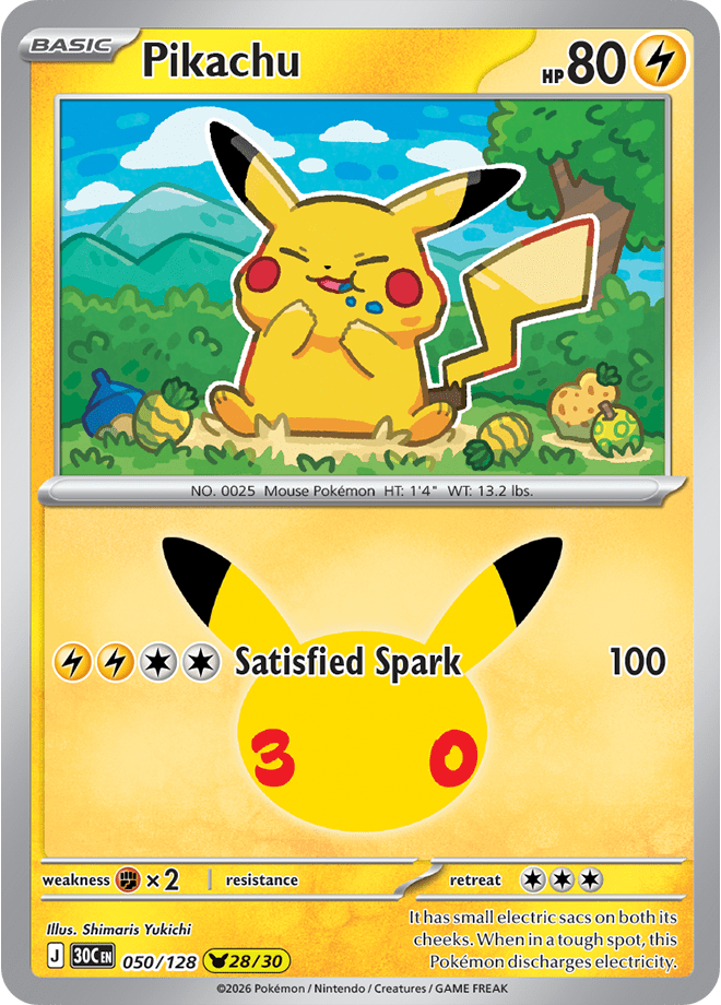 Pikachu 28/30 from Pokémon TCG 30th Celebration, card 050/128